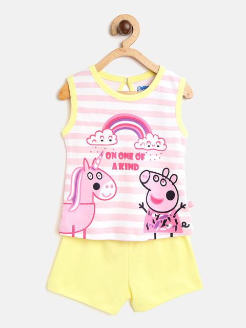 

Moms Love Girls Pink & Yellow Striped & Printed T-shirt with Shorts