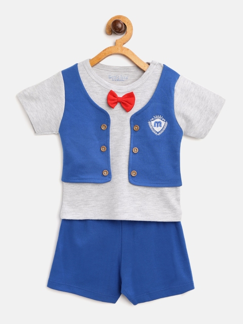 

Moms Love Boys Grey Melange & Blue Colourblocked T-shirt with Shorts