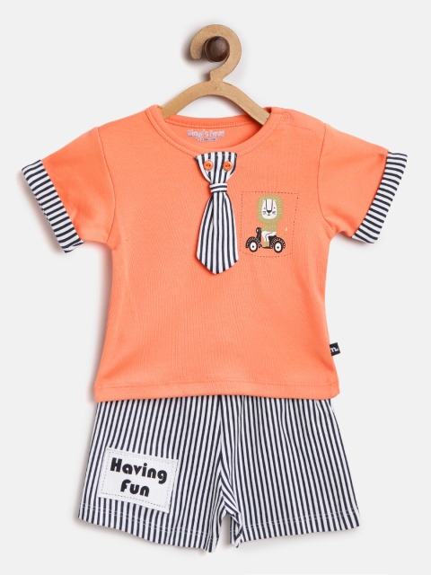 

Moms Love Boys Peach-Coloured & Navy Solid T-shirt with Striped Shorts