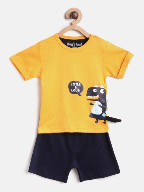 

Moms Love Boys Mustard Yellow & Navy Printed T-shirt with Shorts