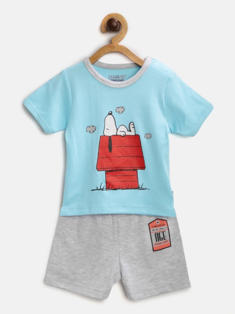 

Moms Love Boys Blue & Grey Melange Snoppy Print T-shirt with Solid Shorts