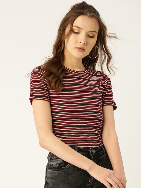 

COVER STORY Women Navy & Maroon Striped Round Neck T-shirt, Navy blue