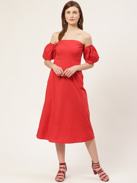 

COVER STORY Women Red Solid Off-Shoulder A-Line Dress
