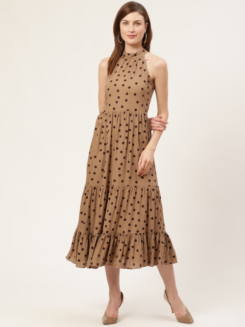 

COVER STORY Women Brown Polka Dots Printed Tiered A-Line Dress