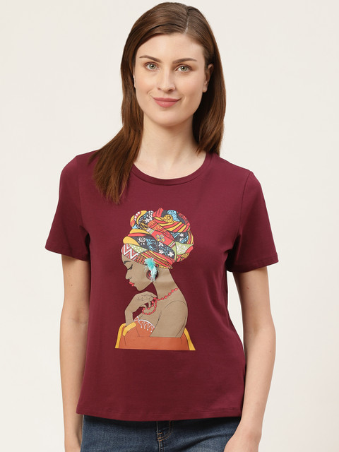 

COVER STORY Women Maroon & Brown Woman Print Round Neck T-shirt