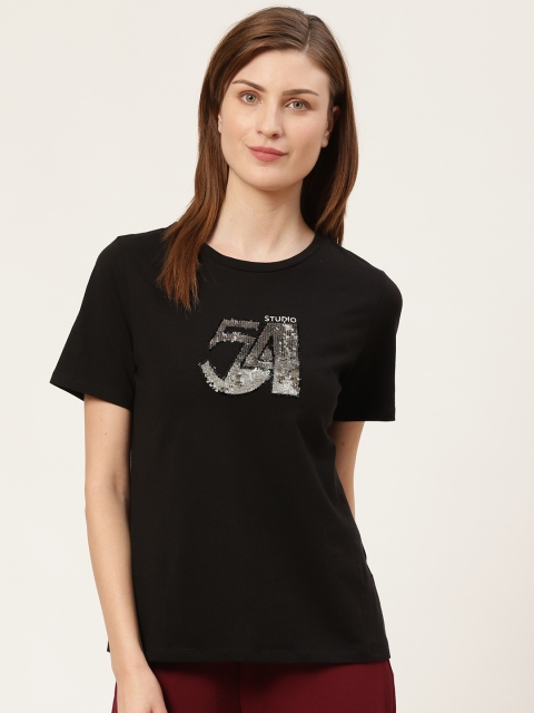 

COVER STORY Women Black & Silver Sequinned Round Neck T-shirt