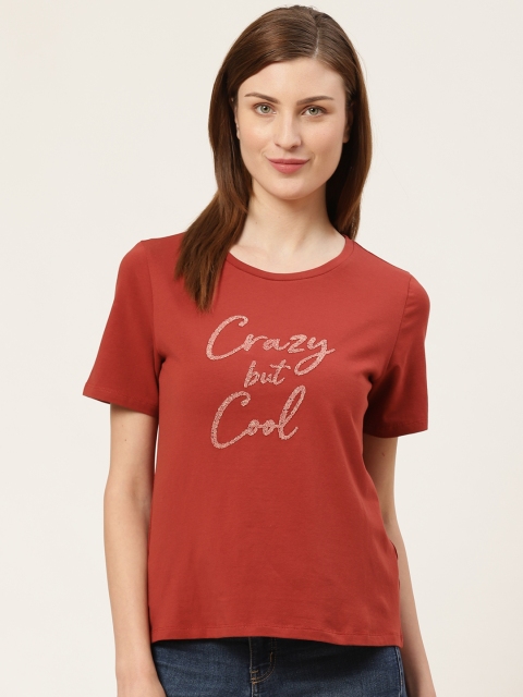 

COVER STORY Women Rust Orange Printed Round Neck T-shirt