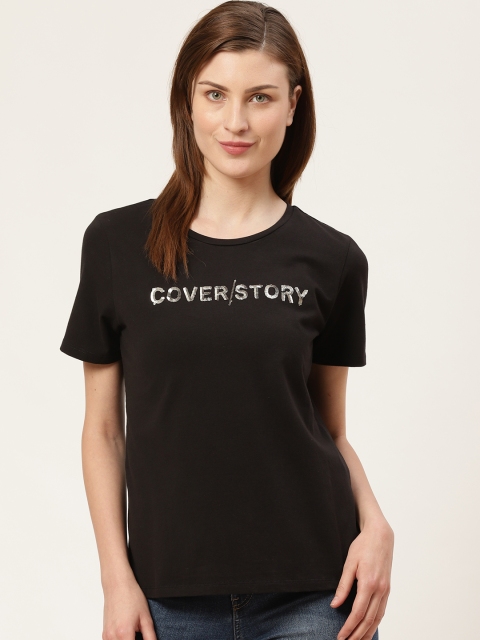 

COVER STORY Women Black Sequinned Round Neck T-shirt