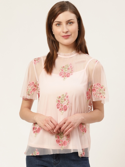 

COVER STORY Women Pink Floral Embroidered Sheer Top