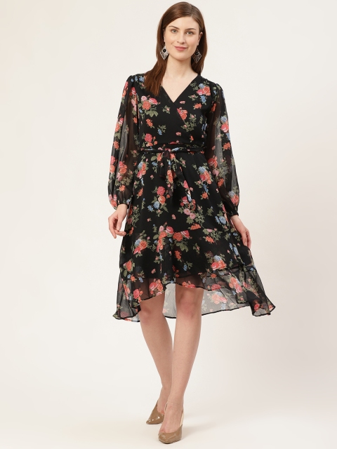 

COVER STORY Women Black & Pink Floral Printed Wrap Dress