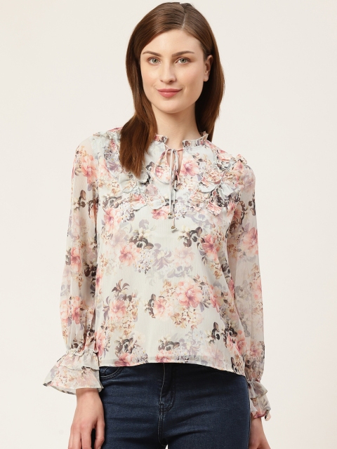 

COVER STORY Women Grey & Peach-Coloured Floral Print Blouson Top
