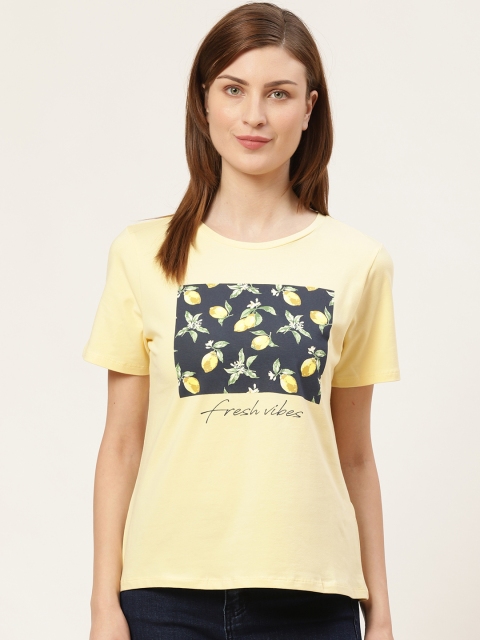 

COVER STORY Women Yellow & Navy Blue Lemon Print Round Neck T-shirt