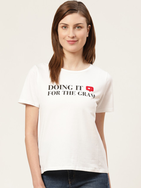 

COVER STORY Women White Printed Round Neck T-shirt