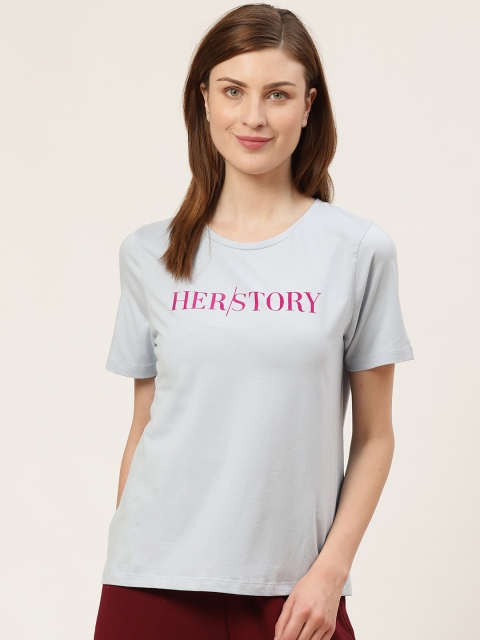 

COVER STORY Women Blue Printed Round Neck T-shirt