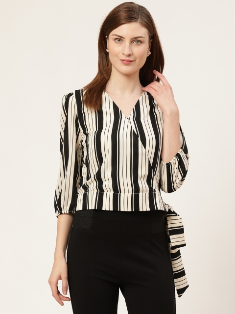 

COVER STORY Women Off-White & Black Striped Wrap Top