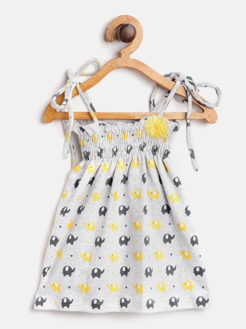

Moms Love Girls Grey Melange & Yellow Elephant Printed A-Line Dress With Smocked Detail