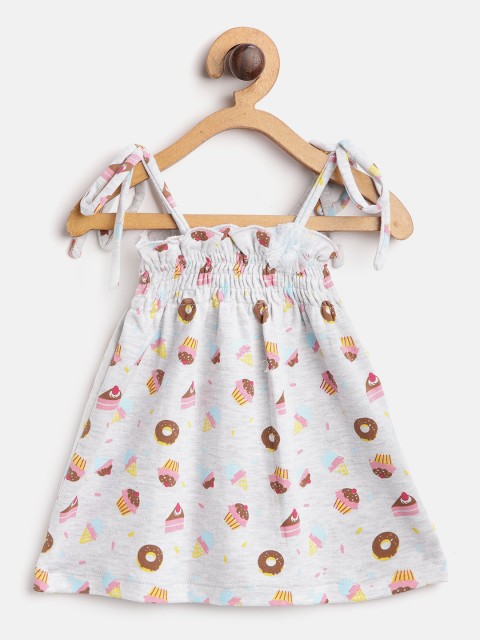 

Moms Love Girls Grey Melange Printed A-Line Dress With Smocked Detail