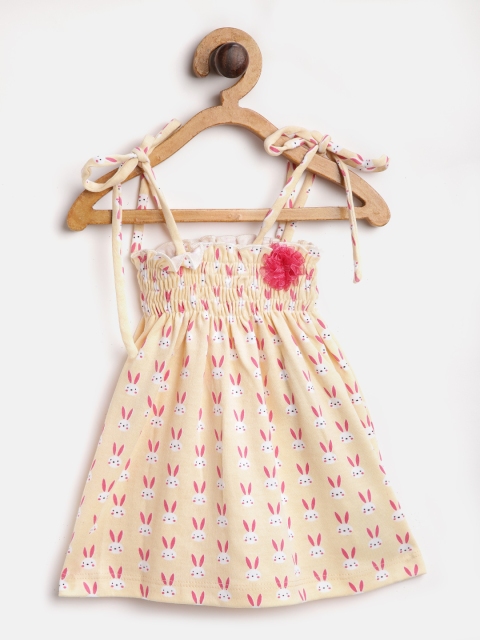 

Moms Love Girls Peach-Coloured Rabbit Printed A-Line Dress With Smocked Detail