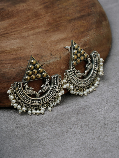 

FIROZA Oxidised Silver-Toned Beaded & Artificial Stone Studded Geometric Chandbalis