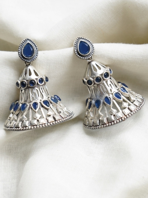 

FIROZA Oxidised Silver-Toned & Navy-Blue Artificial Stone-Studded Dome Shaped Jhumkas