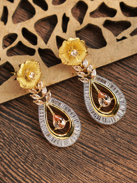 

FIROZA Women Peach-Coloured & Gold-Toned Teardrop Shaped Drop Earrings
