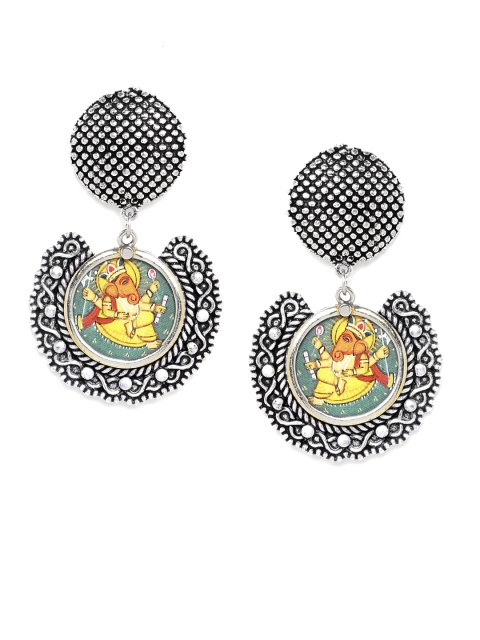 

FIROZA Oxidised Silver-Toned & Yellow Circular Lord Ganpati Drop Earrings