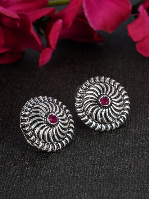 

FIROZA Oxidised Silver-Toned & Maroon Stone-Studded German Silver Geometric Studs