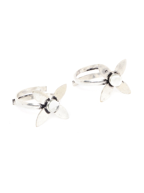 

FIROZA Women Set of 2 Oxidised German Silver Stone-Studded Adjustable Floral Toe Rings