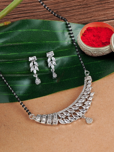 

FIROZA Black & Silver-Toned Rhodium-Plated Beaded & AD-Studded Mangalsutra & Earrings Set