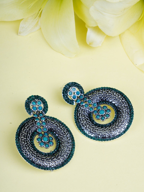 

FIROZA Oxidised Silver-Toned & Green Stone-Studded German Silver Circular Drop Earrings