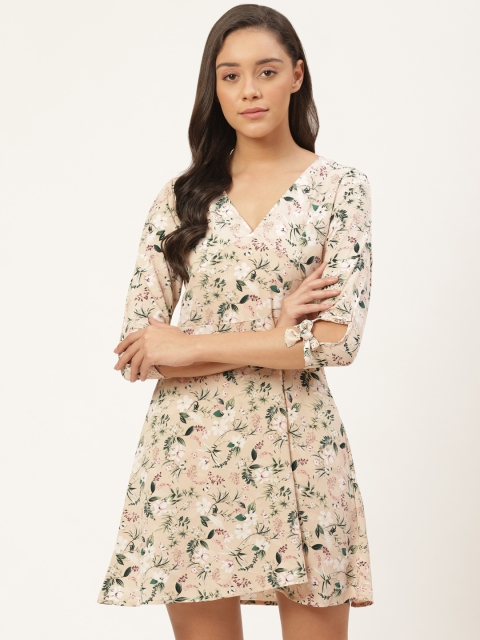 

Trend Arrest Women Beige & Green Floral Printed Fit and Flare Dress
