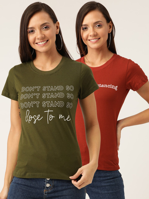 

U&F Women Pack Of 2 Printed Round Neck T-shirt, Olive