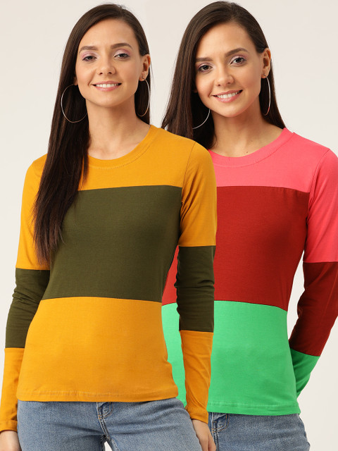 

U&F Women Pack Of 2 Colourblocked Round Neck T-shirt, Mustard