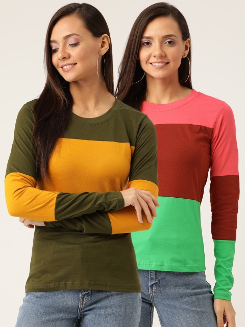 

U&F Women Pack Of 2 Colourblocked Round Neck T-shirt, Green