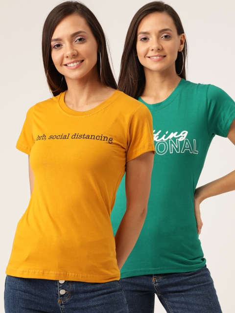 

U&F Women Pack of 2 Printed T-shirts, Mustard