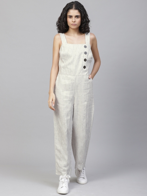 

Marks & Spencer Women White & Black Striped Linen Basic Jumpsuit