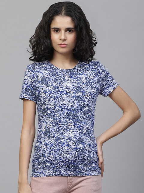 

Marks & Spencer Women Blue & White Floral Printed Round Neck T-shirt