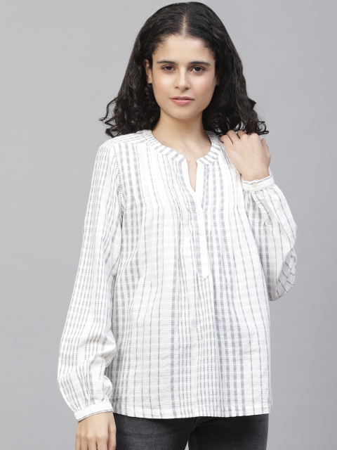 

Marks & Spencer Women White & Grey Striped Shirt Style Top
