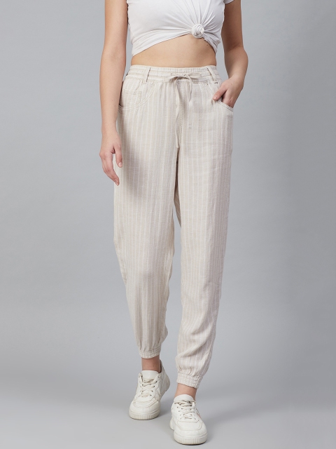 

Marks & Spencer Women Beige & White Tapered Fit Striped Joggers