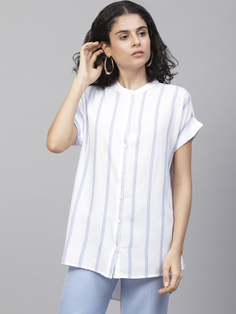 

Marks & Spencer Women White & Blue Regular Fit Striped High-Low Casual Shirt