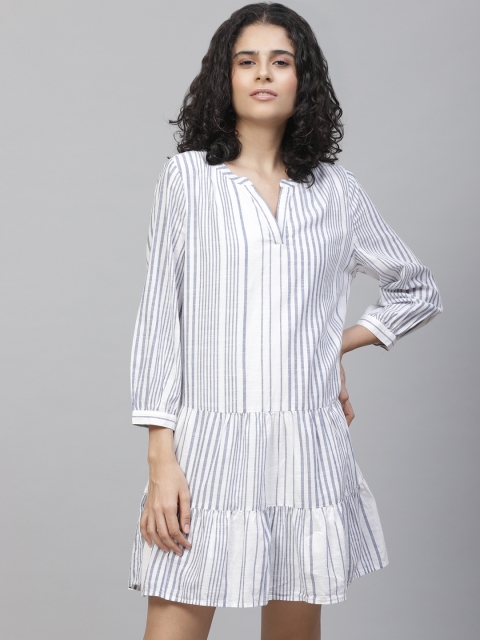 

Marks & Spencer Women White & Blue Striped A-Line Tiered Dress