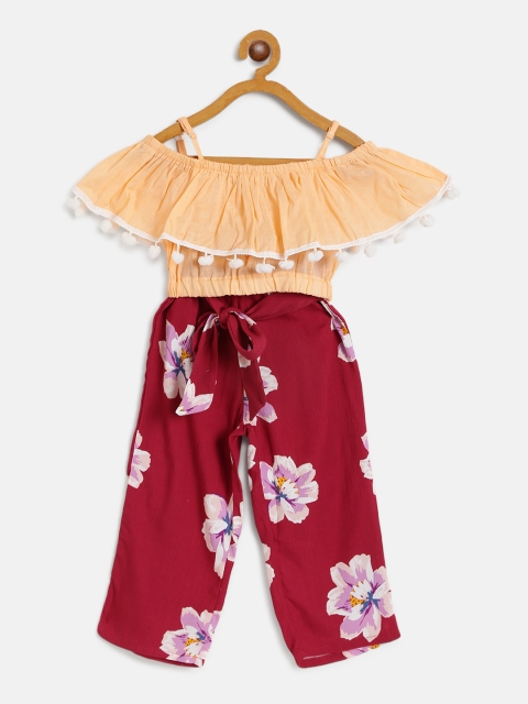 

pspeaches Girls Peach-Coloured & Maroon Solid Crop Top with Floral Print Trousers