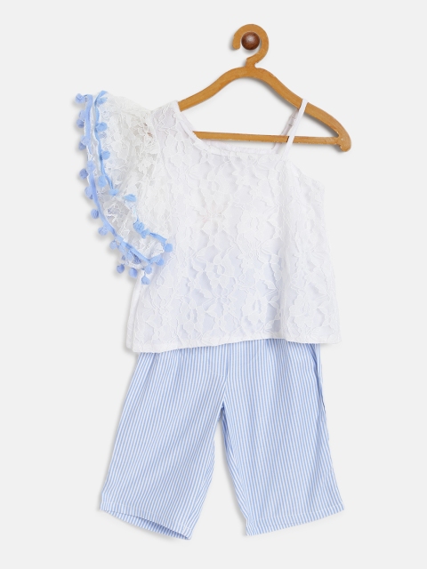 

pspeaches Girls Blue & White Lace Top with Striped Palazzos