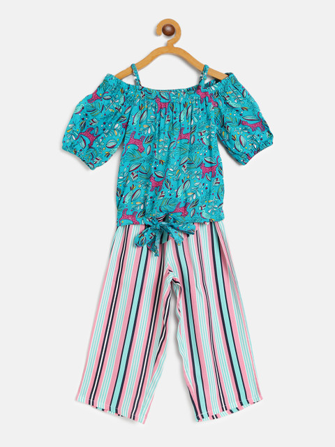 

pspeaches Girls Teal Green & Pink Printed Top with Striped Trousers