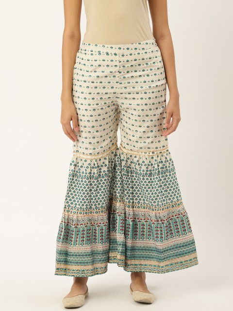 

RANGMAYEE Women Off-White & Green Foil Printed Wide Leg Sharara