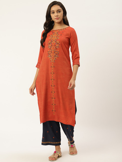 

RANGMAYEE Women Orange & Navy Blue Embroidered Kurta with Palazzos
