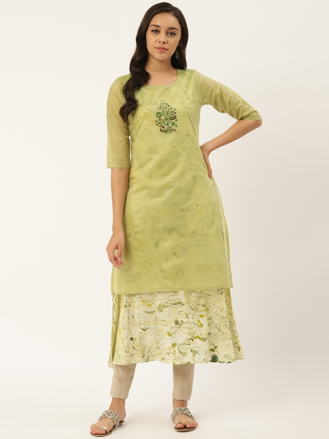 

RANGMAYEE Women Green & Off-White Embroidered Layered A-Line Kurta