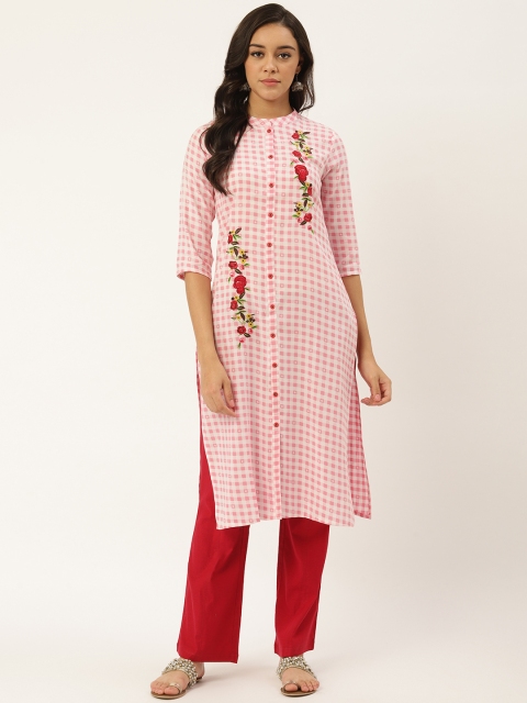 

RANGMAYEE Women Pink & White Checked Straight Kurta
