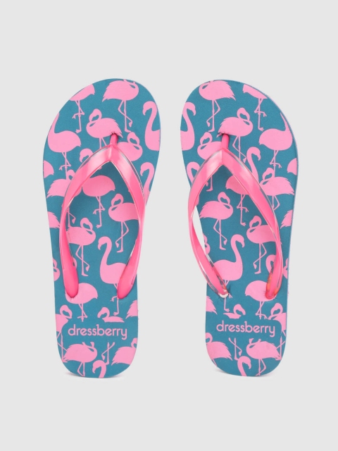 

DressBerry Women Pink & Teal Blue Flamingo Print Thong Flip-Flops