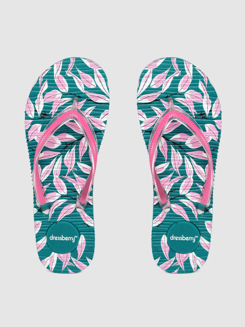 

DressBerry Women Pink & Teal Green Leaf Print Thong Flip-Flops
